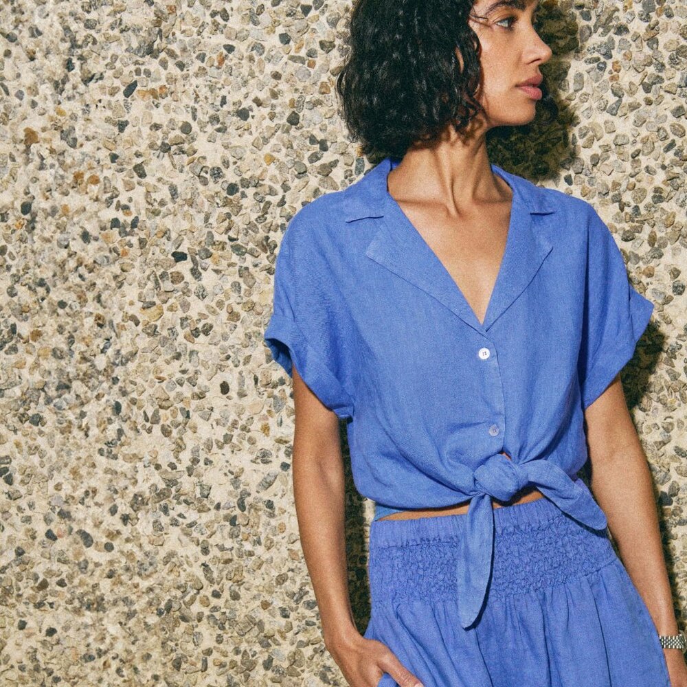 Women's Linen Sol Tie Front Shirt in Wedgewood | XS - S| Nation